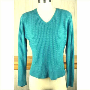 Tangents Jr's Large V Neck Turquoise Sweater - Y2K Lightweight Cableknit